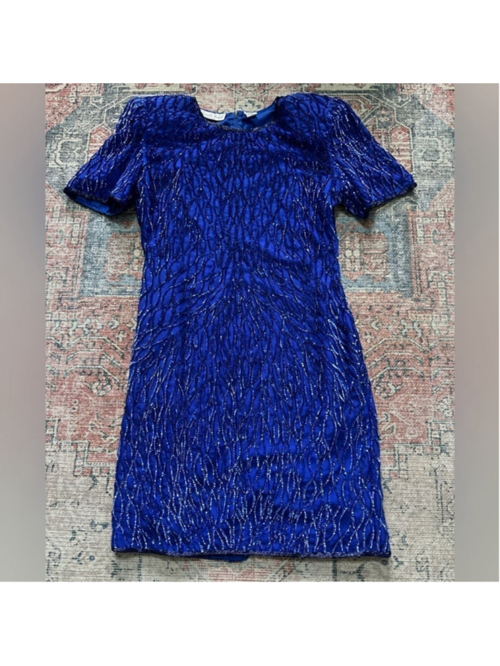 Lawrence Kogar Women's Blue Print Short Sleeve Silk Beaded Mini Dress